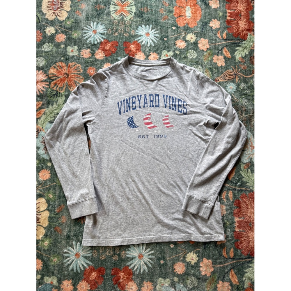 Vineyard Vines Kids Gray‎ Long Sleeve Sailboat American Flag Graphic T-Shirt L